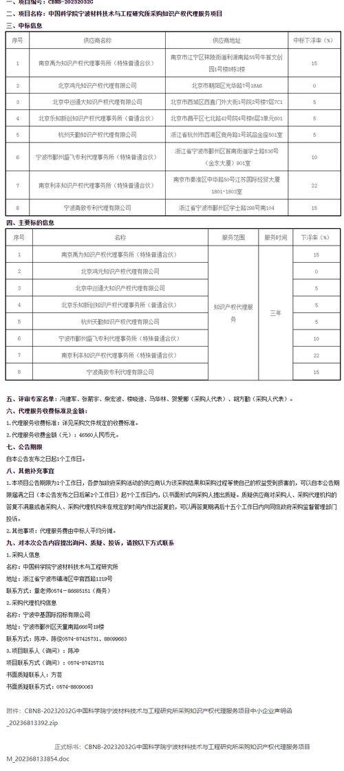 中国科学院宁波材料技术与工程研究所知识产权代理服务项目中标结果公告